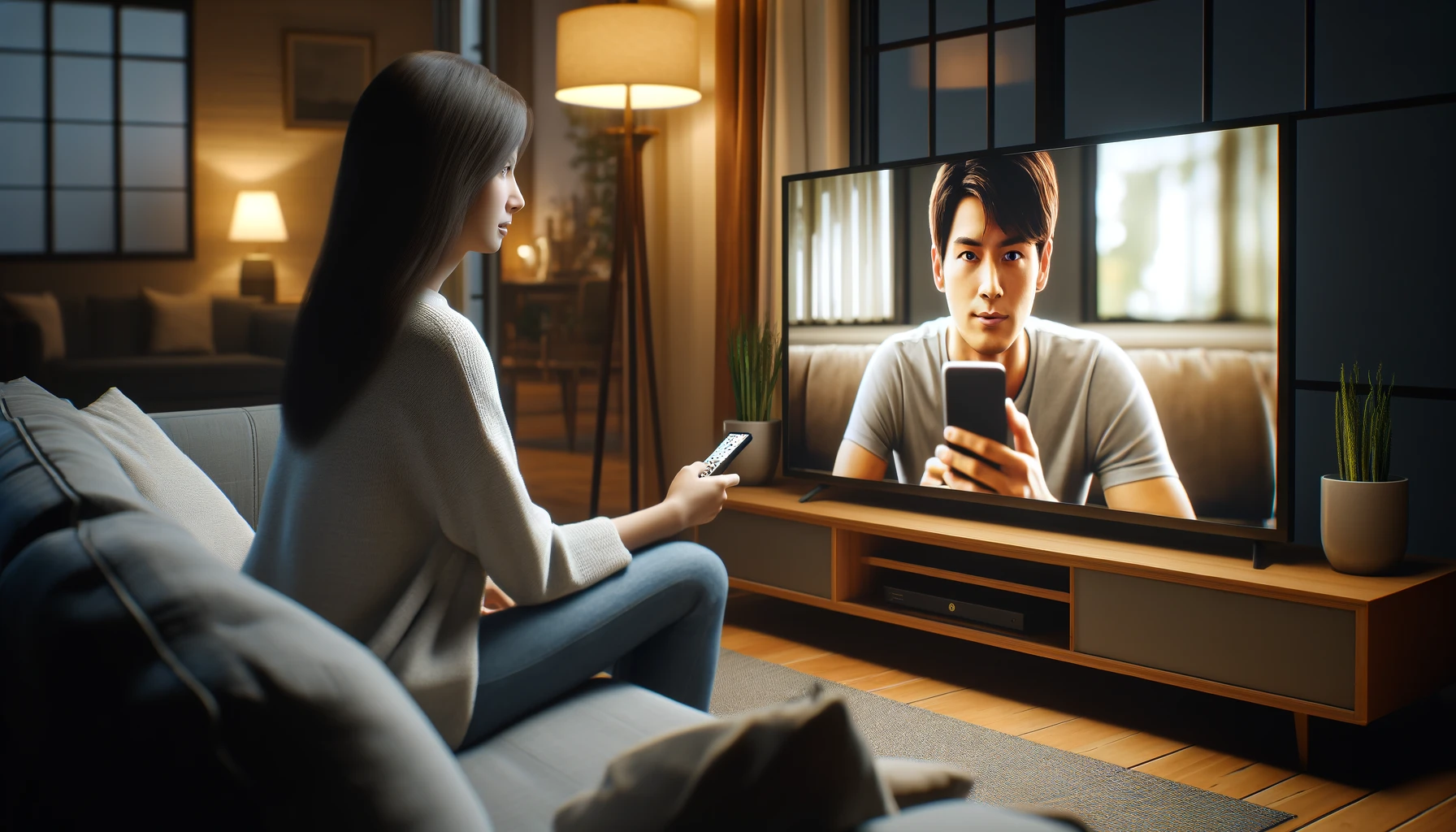 A woman sitting comfortably on a sofa watching TV, on the screen is an image of an Asian man using his smartphone.