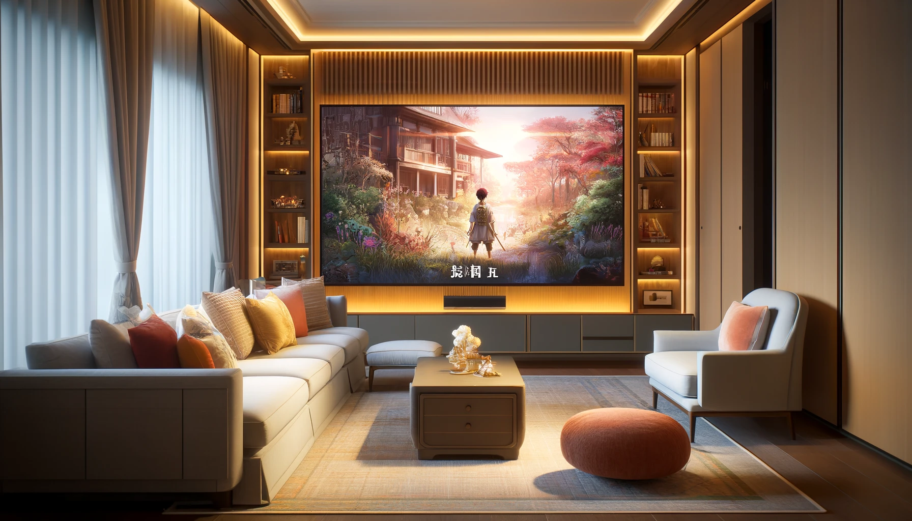 Cozy living room with a large TV screen displaying a Japanese anime film.