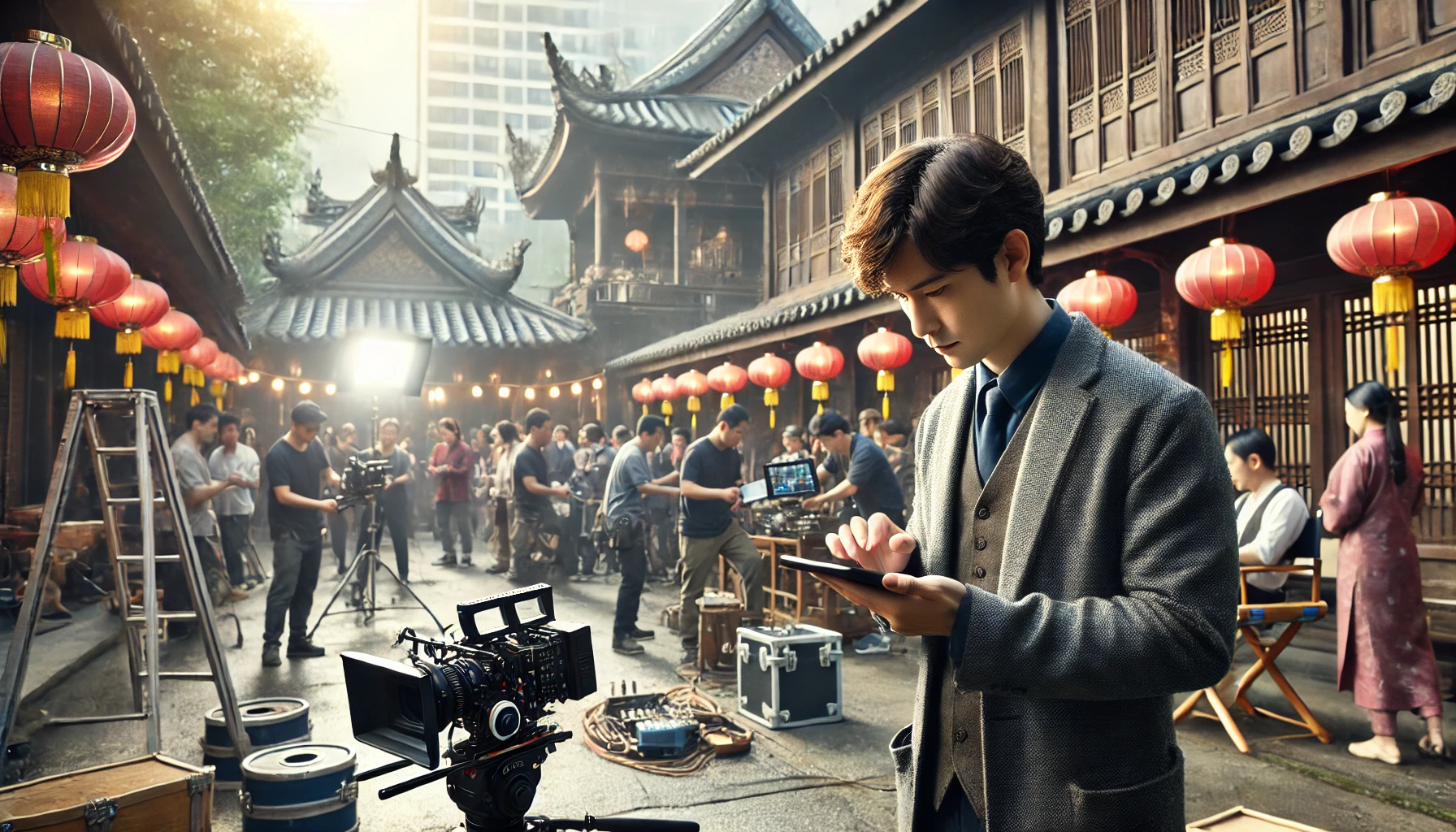 A producer, holding a phone, stands amidst a busy film production set, surrounded by crew members, cameras, lights, and traditional architectural elements.