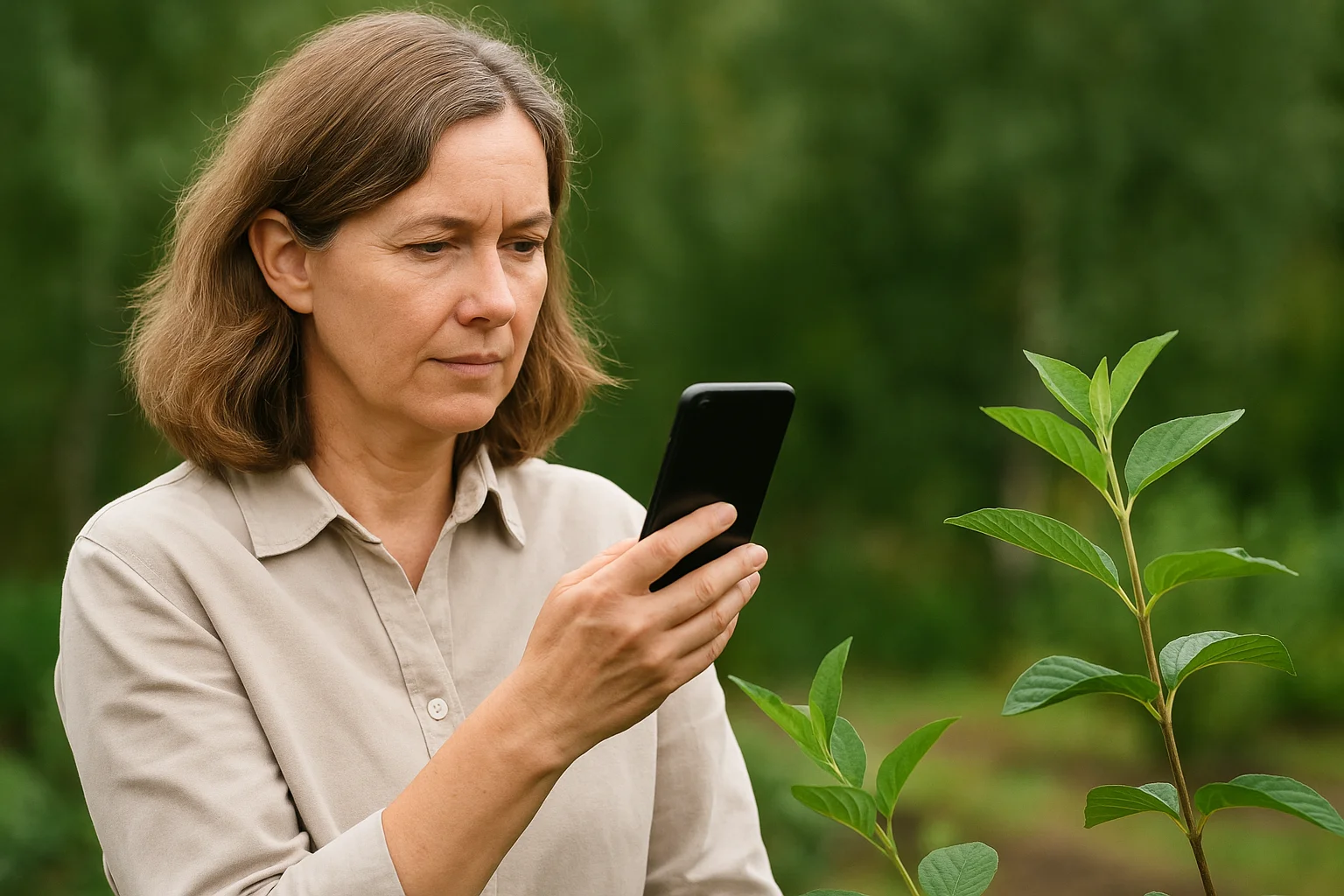 a woman taking pictures of plants outside on her phone