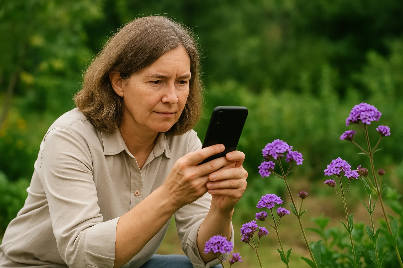 a woman taking pictures of outside purple flowers on her phone