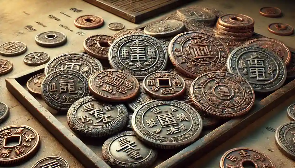 a collection of ancient Asian coins displayed on a textured surface.